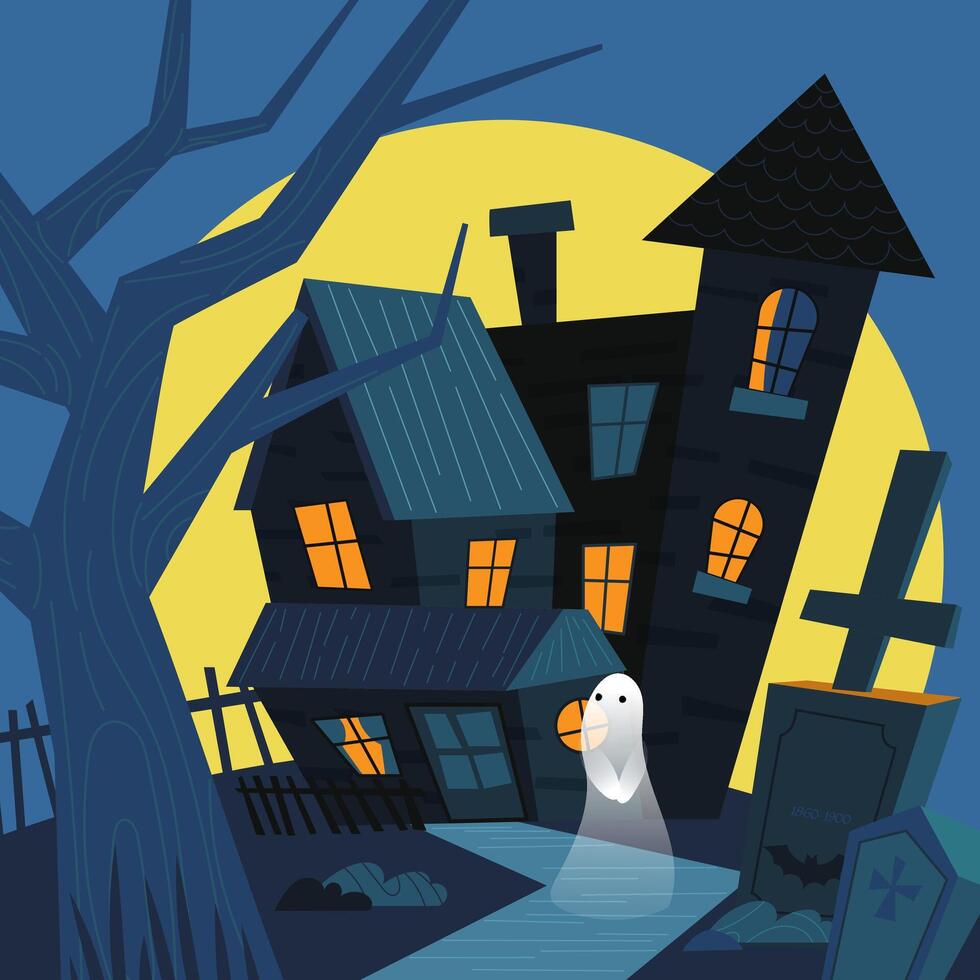 A Halloween haunted house flat illustration where ghosts are wandering in the graveyard at night vector