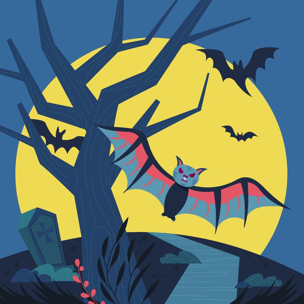 A flat style illustration of a bat flying from a desolate graveyard at night to celebrate Halloween vector