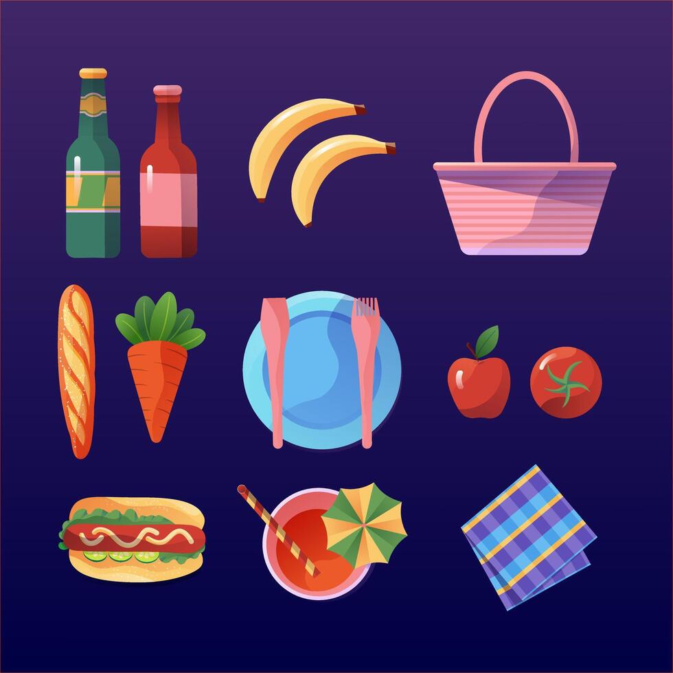 Collection elements for a picnic party, including food, fruits, drink and more vector