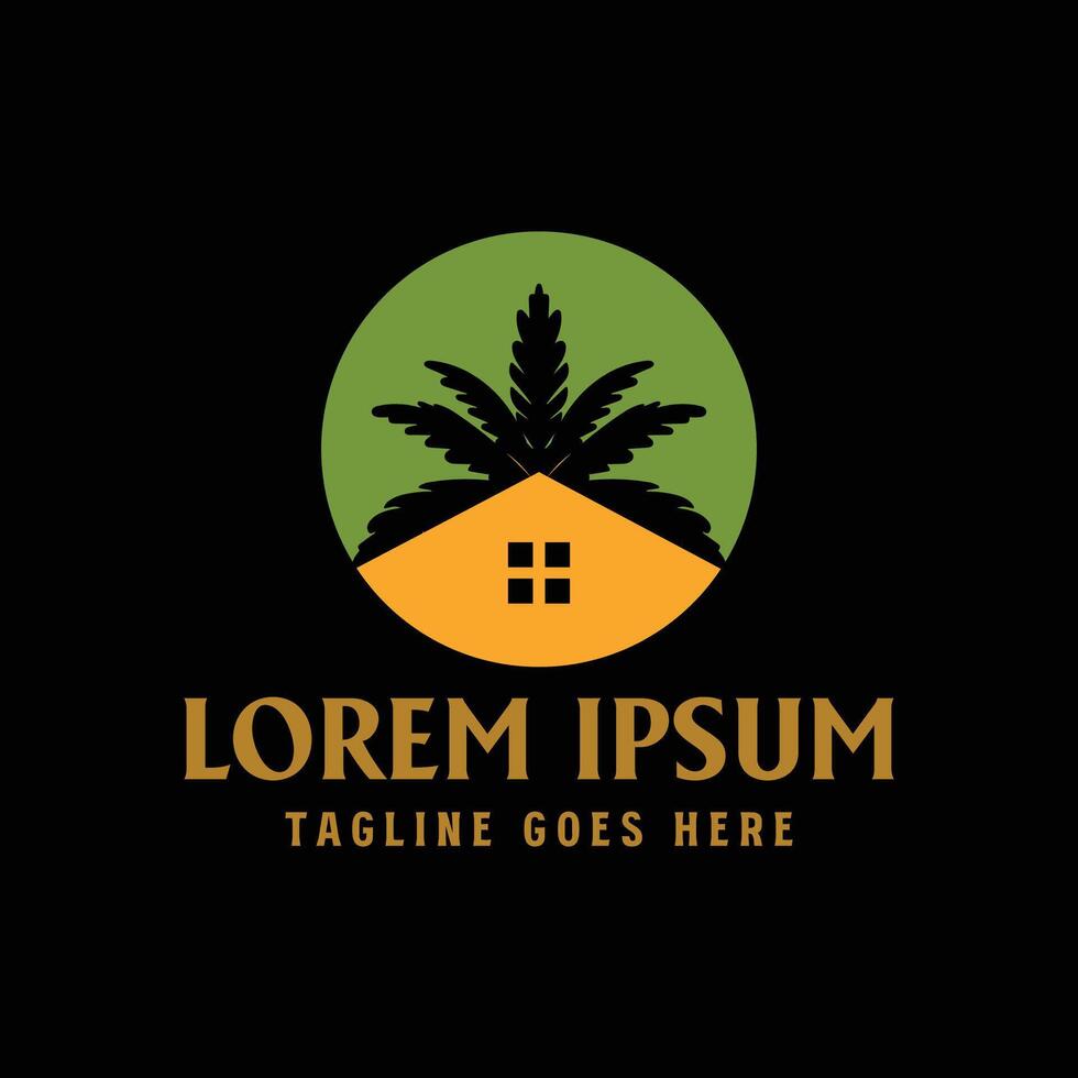 Circular Sunset with Palm Coconut Tree and House for Villa Hotel Inn Resort Icon Symbol Illustration vector