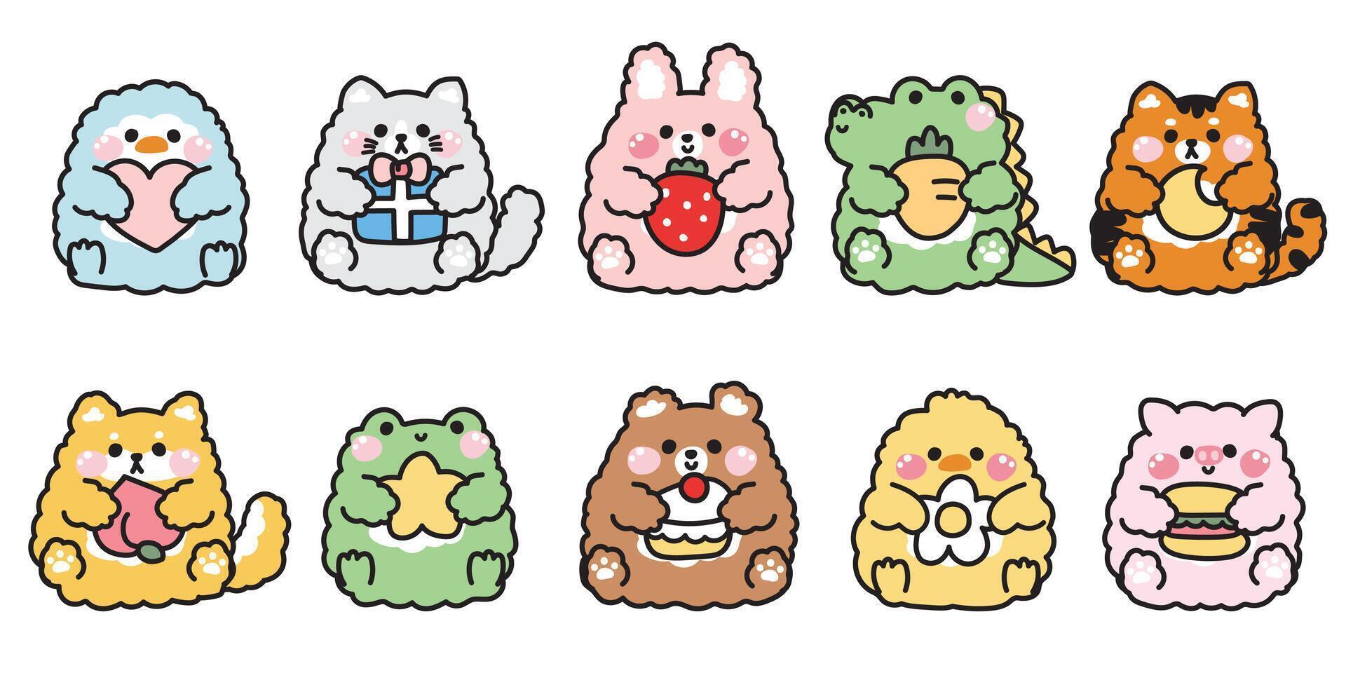 Set of cute animals doll sit and hold various object on white background.Strawberry,heart,cake,moon,star.Animal character cartoon design.Kawaii.Illustration. vector
