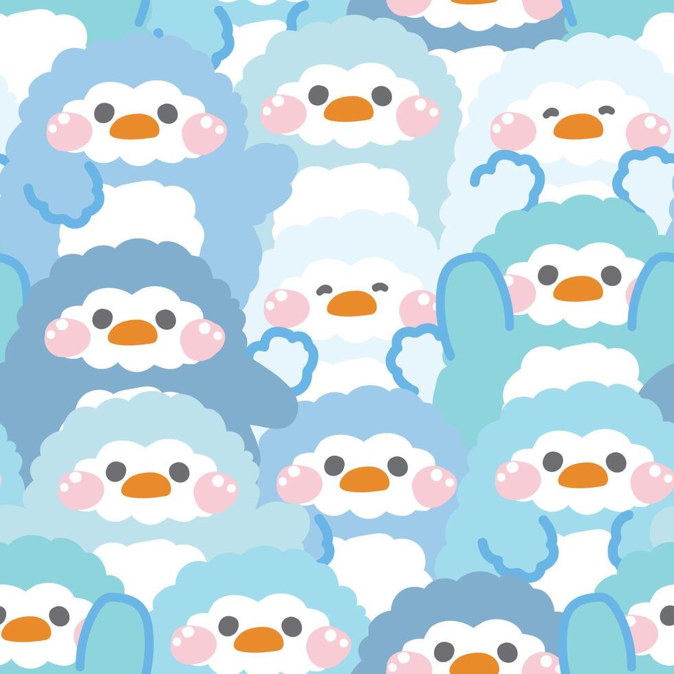 Repeat.Seamless pattern of cute penguin doll in various poses background.Bird animal character cartoon design.Image for card,sticker,baby clothing.Kawaii.Illustration. vector
