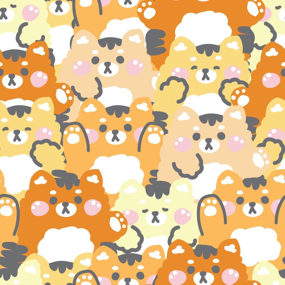 Repeat.Seamless pattern of cute tiger doll in various poses background.Wild animal character cartoon design.Image for card,sticker,paper note,baby product.Kawaii.Illustration. vector