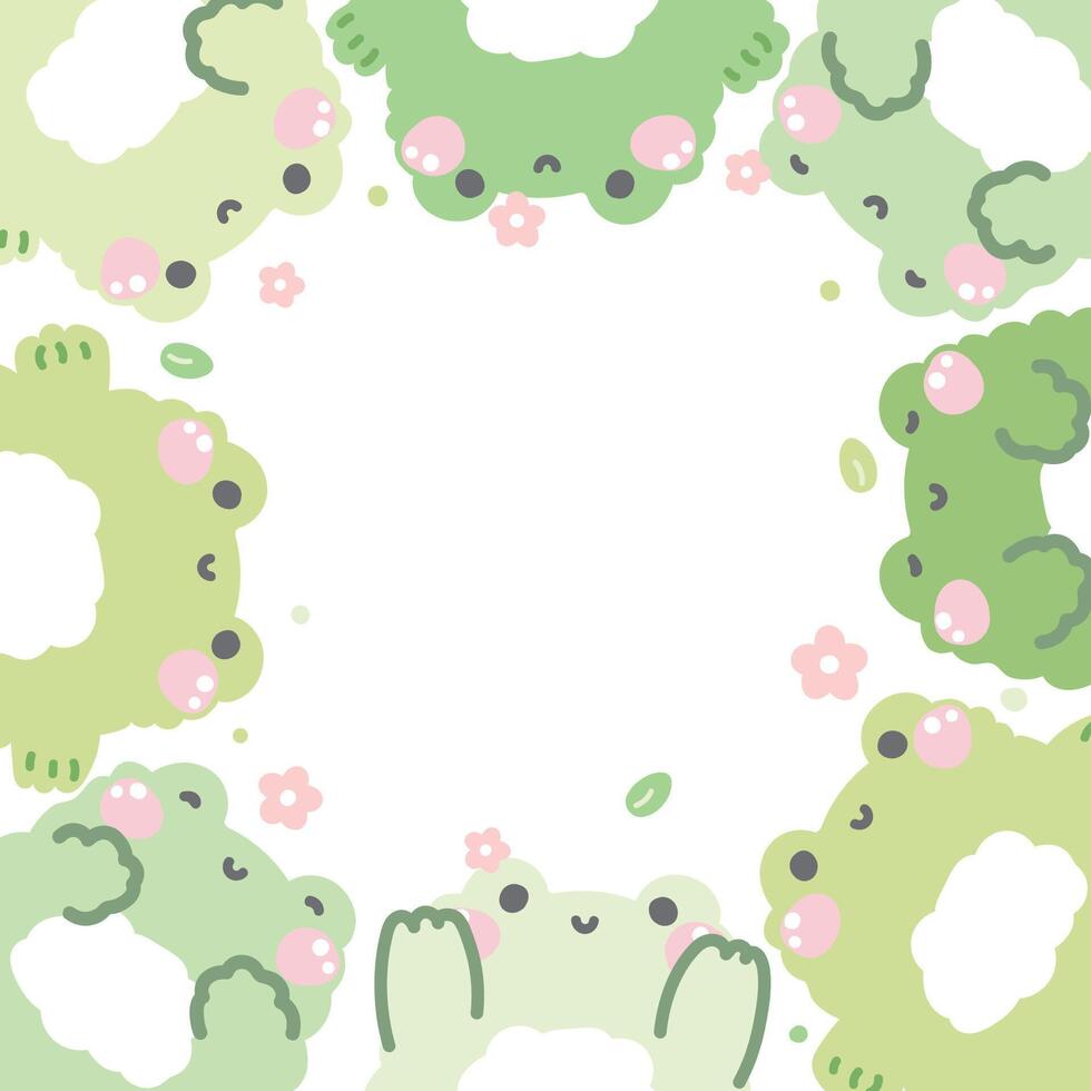 Cute frog in various poses with flower and leaf frame background.Reptile animal character cartoon design.Image for card,sticker,paper note,baby product.Kawaii.Illustration. vector