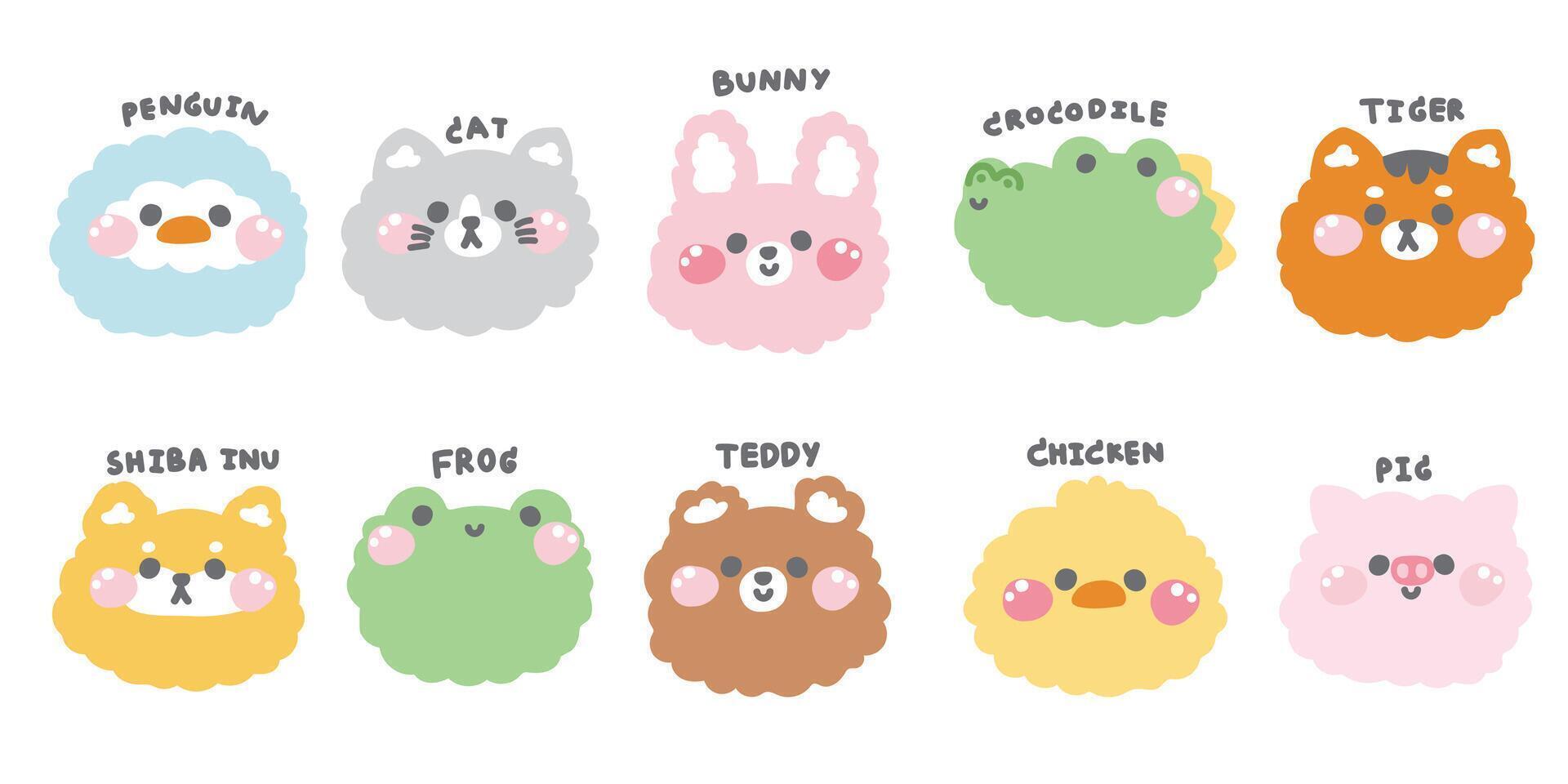 Set of cute animals doll face head with text on white background.Animal character cartoon design.Penguin,cat,rabbit,crocodile,bear,frog.Kawaii.Illustration. vector