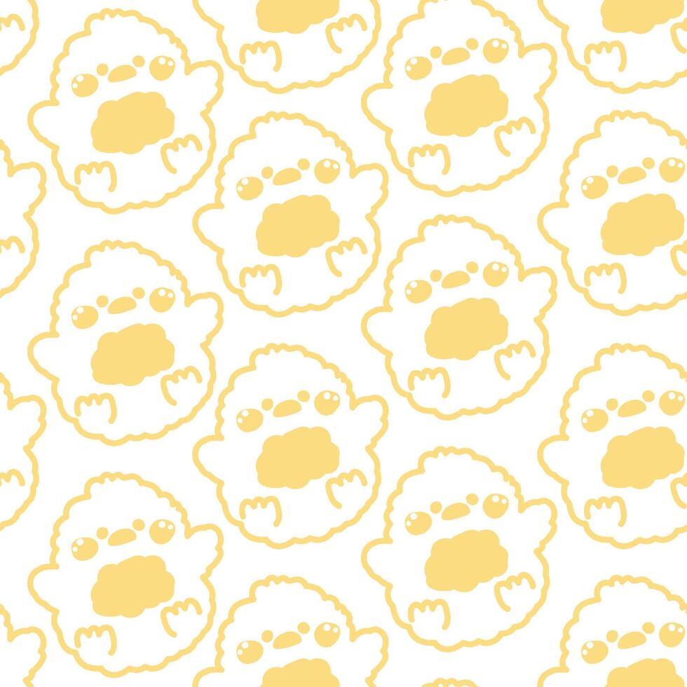 Seamless pattern of cute chicken doll yellow line hand drawn on white background.Farm hen bird animal character cartoon design.Kawaii.Illustration. vector