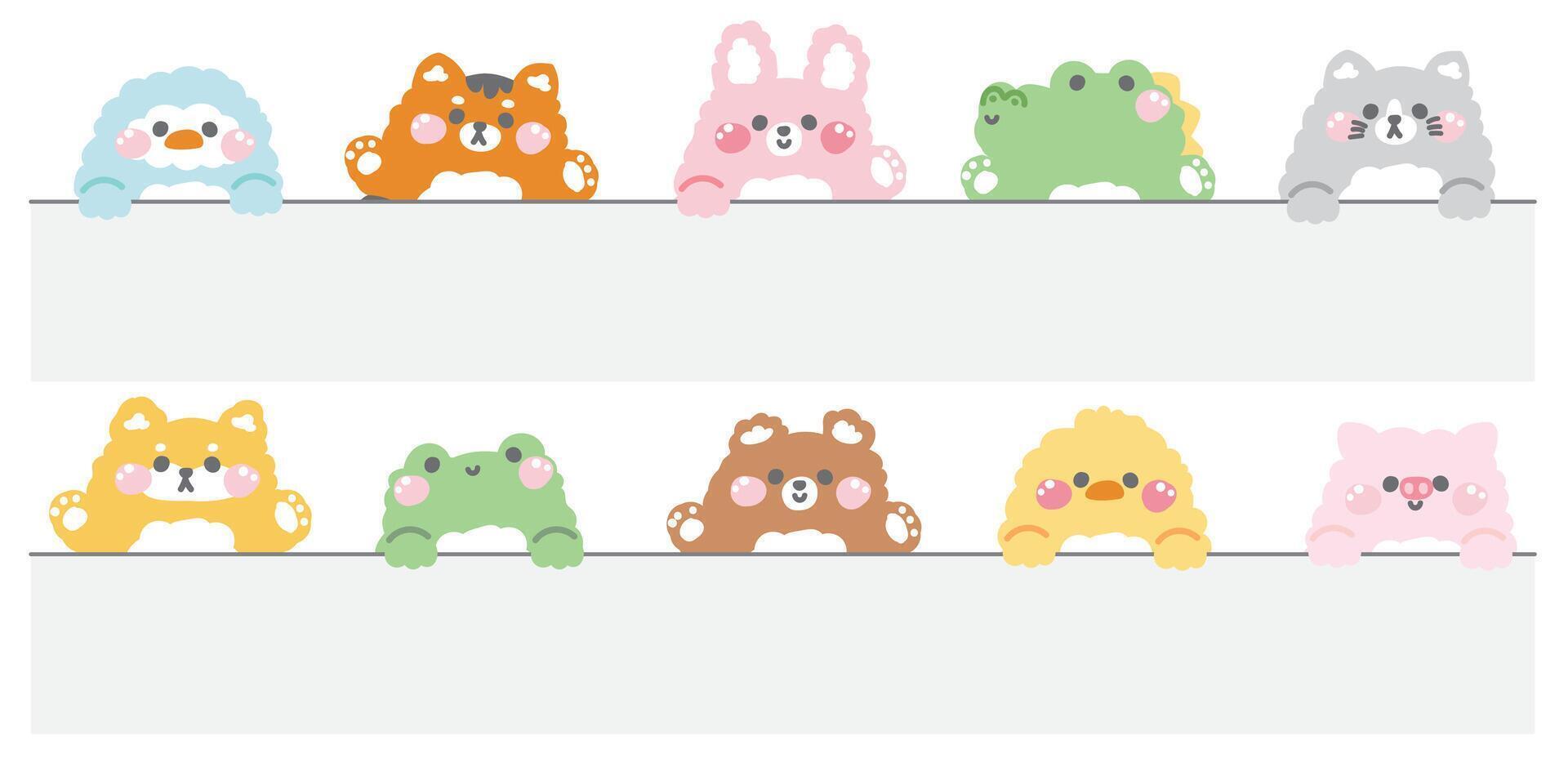 Set of cute animal greeting and stay on the wall .Animals character cartoon design.Penguin,cat,rabbit,bear,frog.Image for card and poster.Banner.Sticker.Kawaii.Illustration. vector