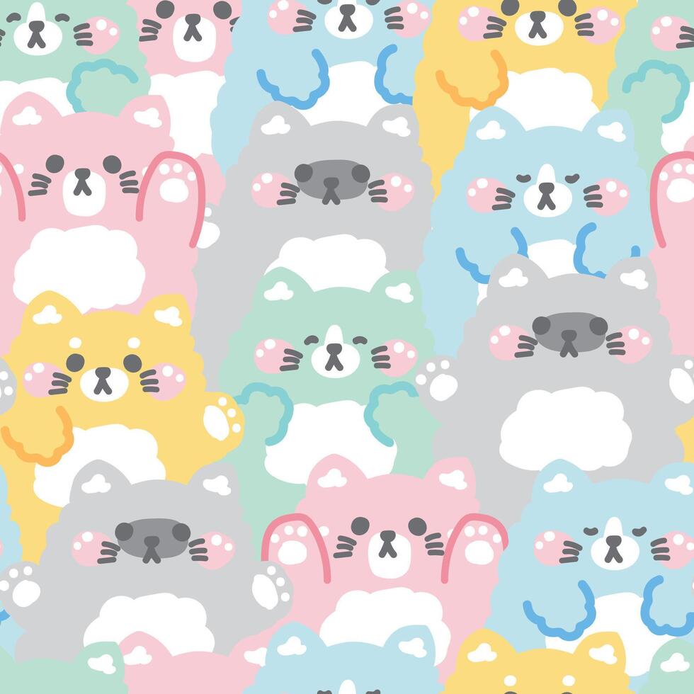 Repeat.Seamless pattern of cute cat doll in various poses background.Meow lover.Pet animal character cartoon design.Image for card,sticker,paper note,baby product.Kawaii.Illustration. vector