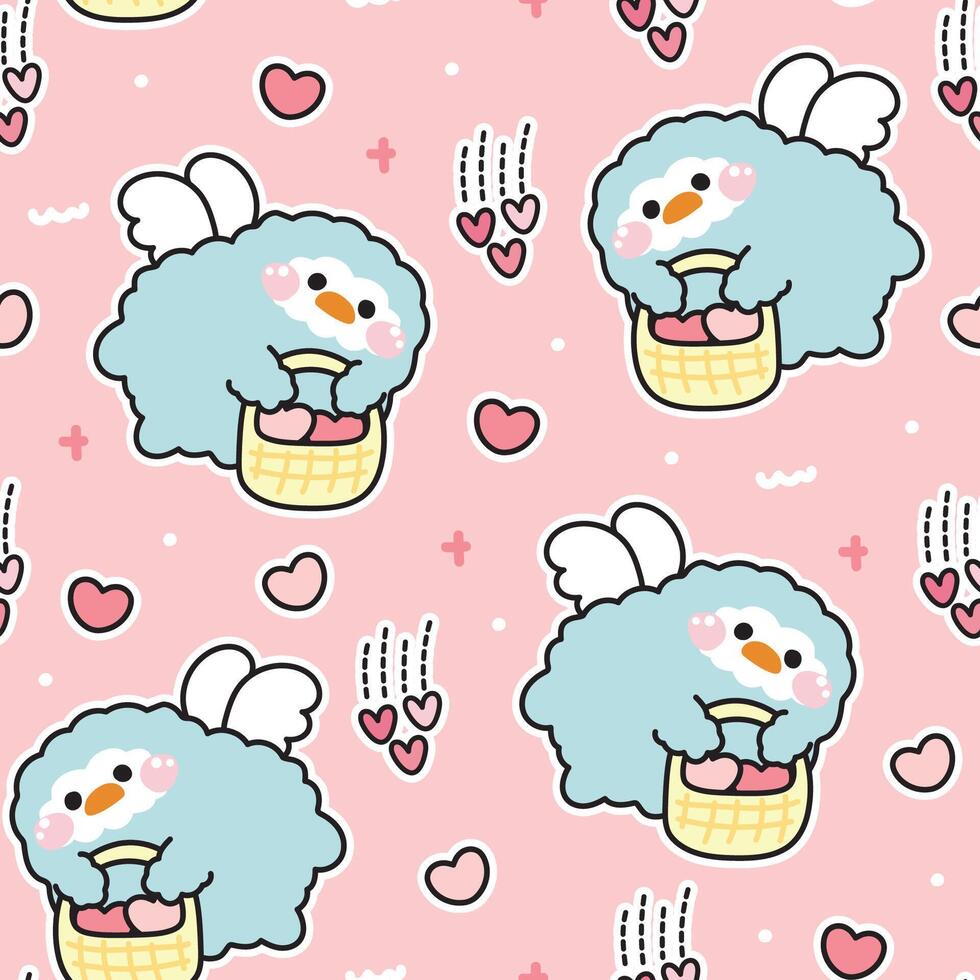 Seamless pattern of cute penguin angels flying hold heart basket background.Valentines day.Bird animal character cartoon design.Image for card,poster,sticker.Baby product.Kawaii.Illustration. vector