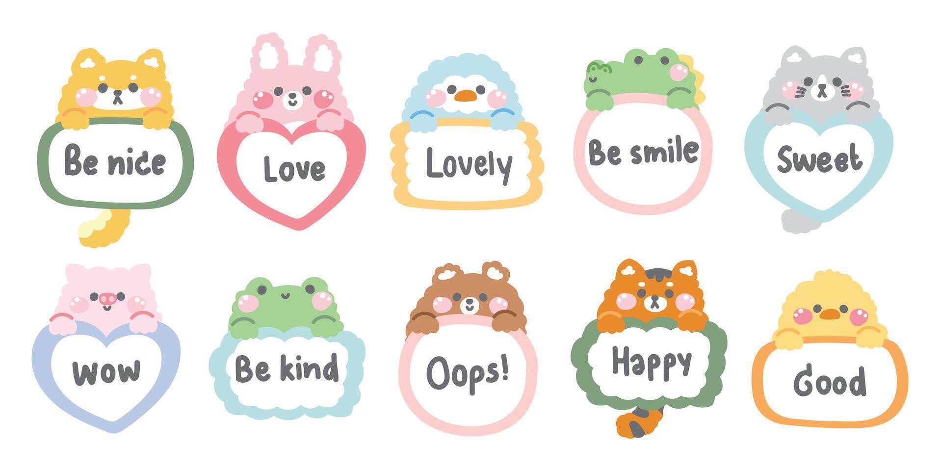 Set of cute animals hold various paper shape text.Animal character cartoon design.Image for card,poster,sticker.Kawaii.Illustration. vector