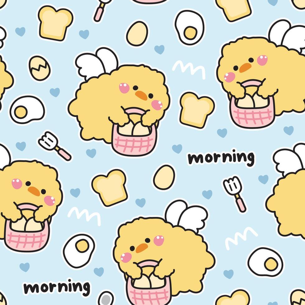 Seamless pattern of cute chicken angels flying hold eggs basket with bread and heart background.Fried egg.Farm bird animal character cartoon design.Image for card,poster,sticker.Baby product.Kawaii. vector