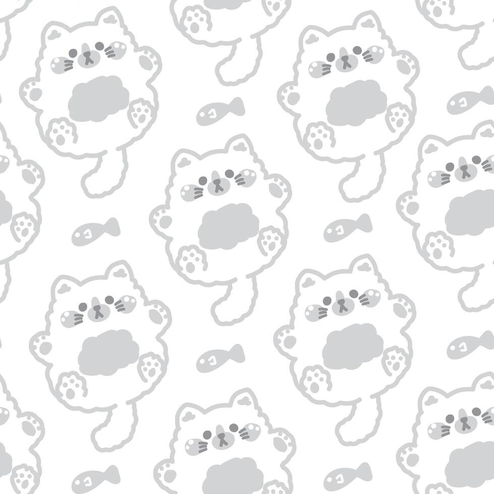 Seamless pattern of cute cat doll gray line hand drawn with fish on white background.Meow lover.Pet animal character cartoon design.Kawaii.Illustration. vector