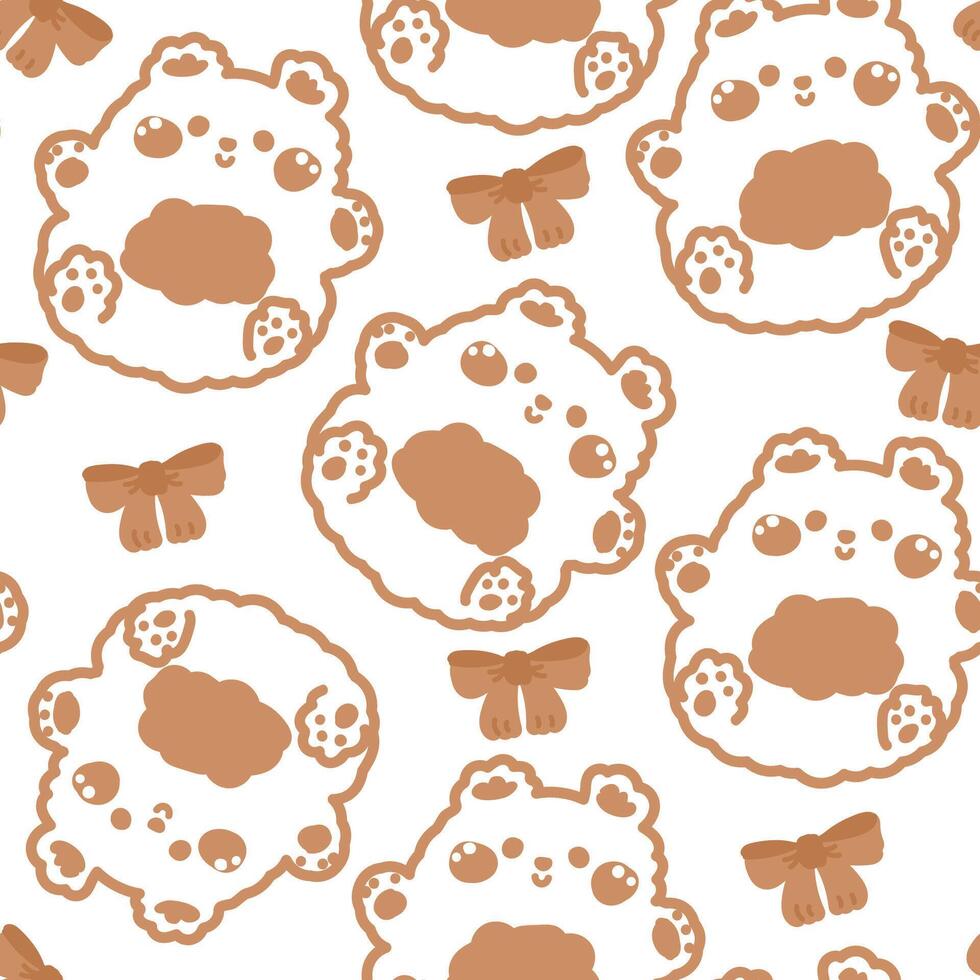 Seamless pattern of cute teddy bear doll brown line hand drawn with bow on white background.Wild animal character cartoon design.Kawaii.Illustration. vector