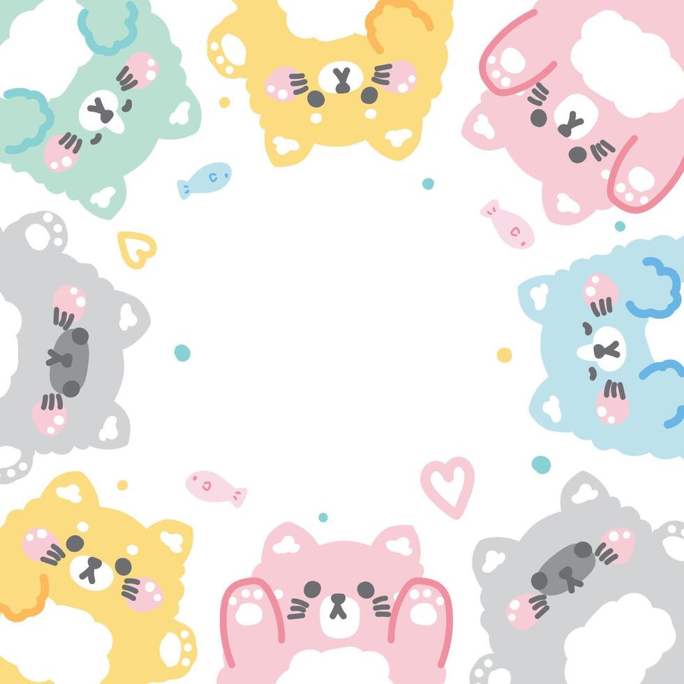 Cute cat doll with fish and heart in various poses frame background.Meow lover.Pet animal character cartoon design.Image for card,sticker,paper note,baby product.Kawaii.Illustration. vector