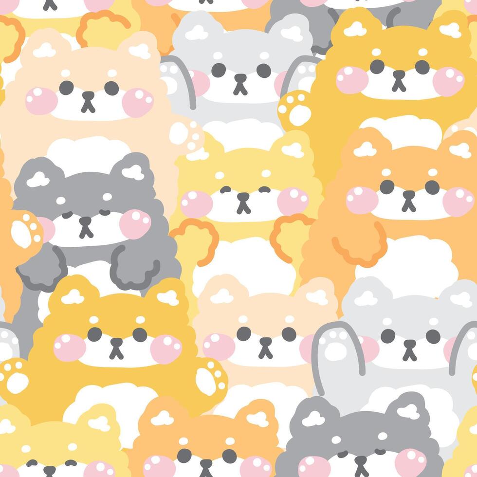 Repeat.Seamless pattern of cute shiba inu dog in various poses background.Japanese pet animal character cartoon design.Image for card,sticker,paper note,baby product.Kawaii.Illustration. vector