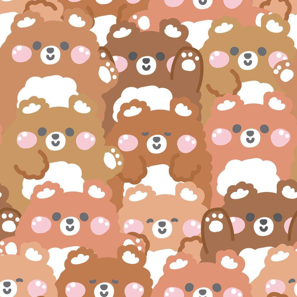 Repeat.Seamless pattern of cute teddy bear in various poses background.Wild animal character cartoon design.Image for card,sticker,paper note,baby product.Kawaii.Illustration. vector