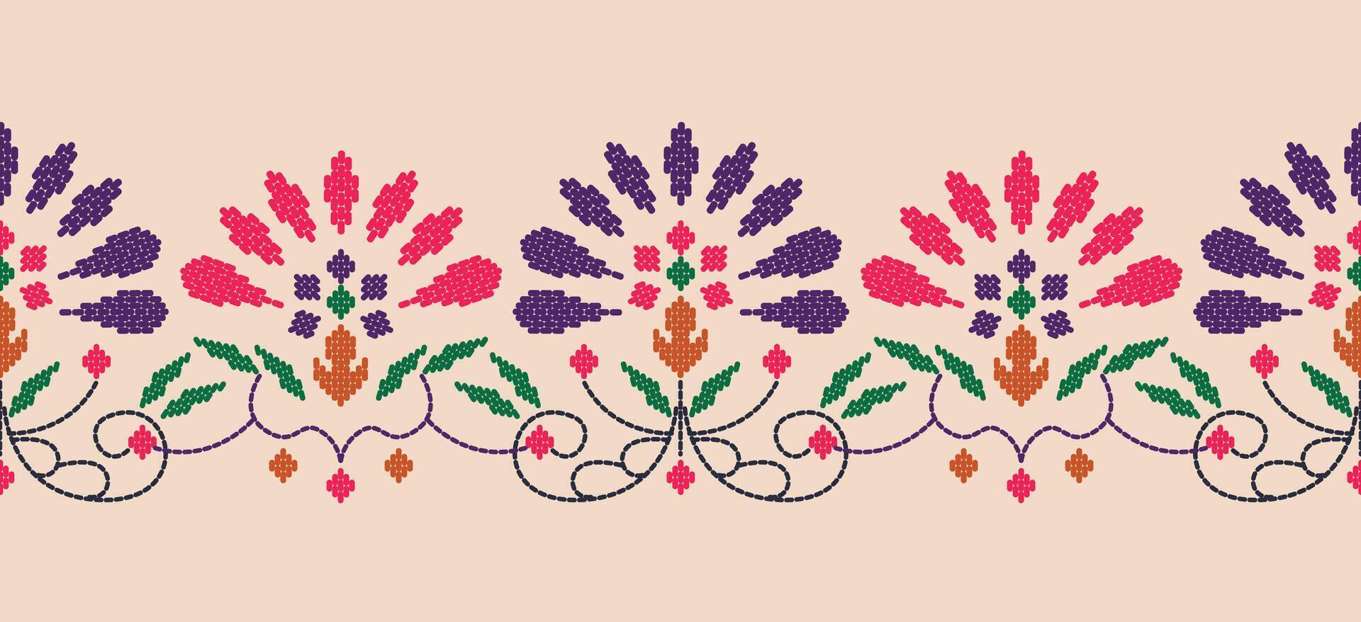 Motif ethnic border beautiful art. Ethnic pink floral background art. folk embroidery Mexican, Indian, Asia, Moroccan, Turkey Uzbek style. Embroidery pattern design hem skirt. vector