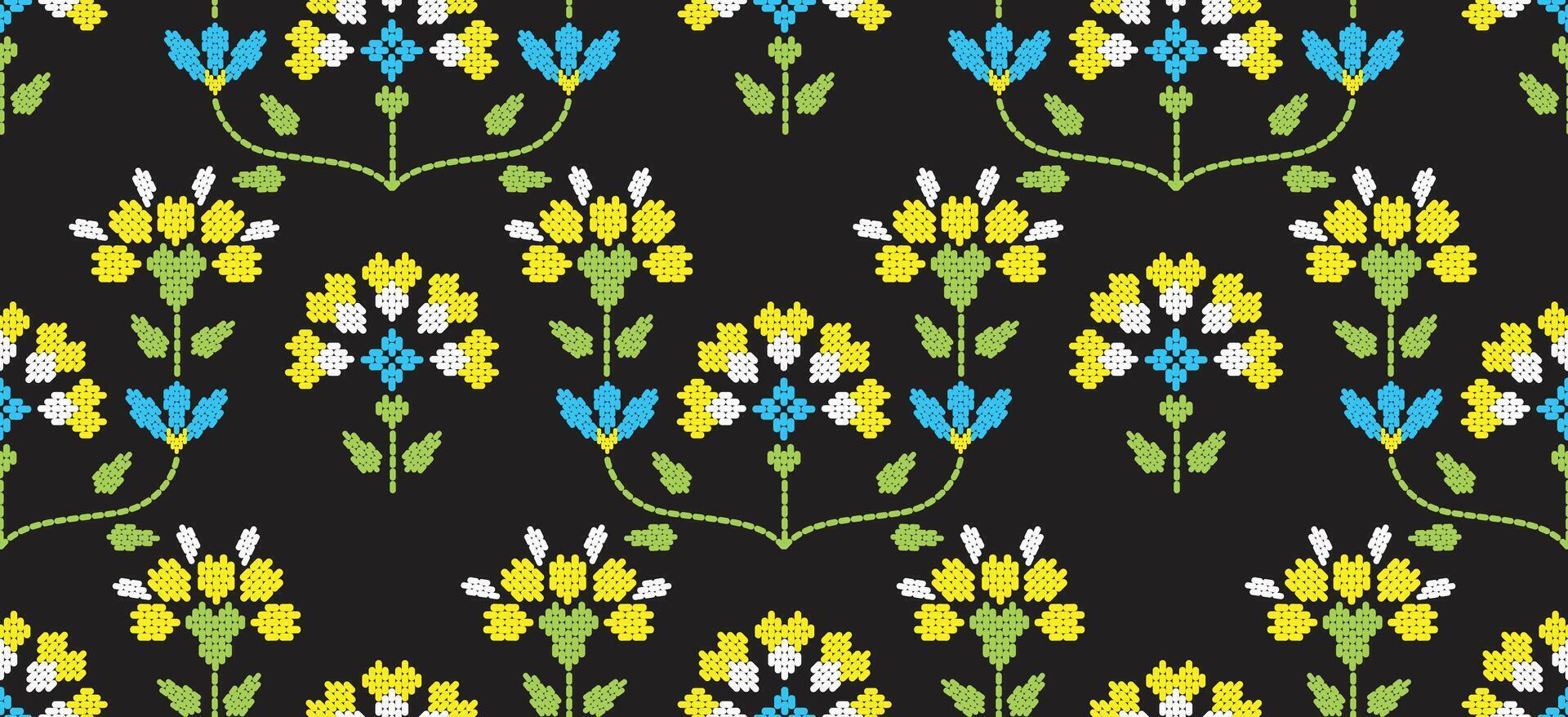 Motif ethnic border beautiful art. Ethnic leaf yellow floral background art. folk embroidery Peruvian, Moroccan, Turkey Uzbek style. pattern design hem skirt. Black background vector