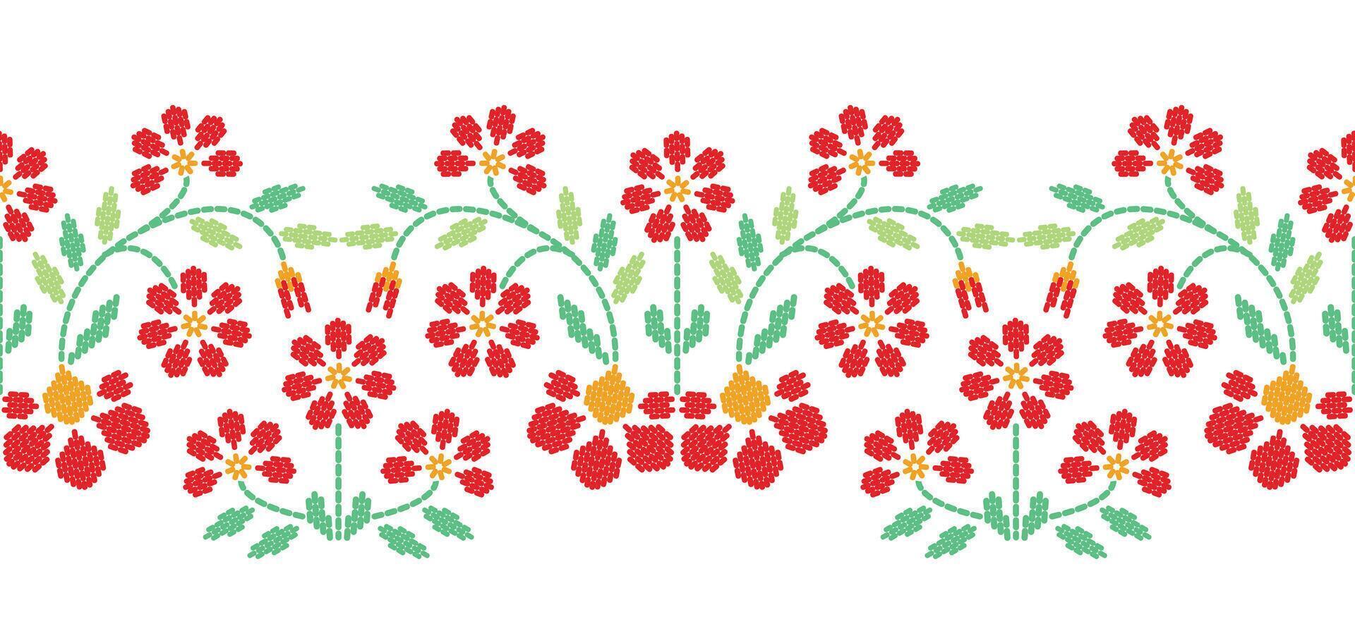 Motif ethnic border beautiful art. Ethnic red floral background art. folk embroidery Mexican, Indian, Asia, Moroccan, Turkey Uzbek style. Embroidery pattern design hem skirt. vector