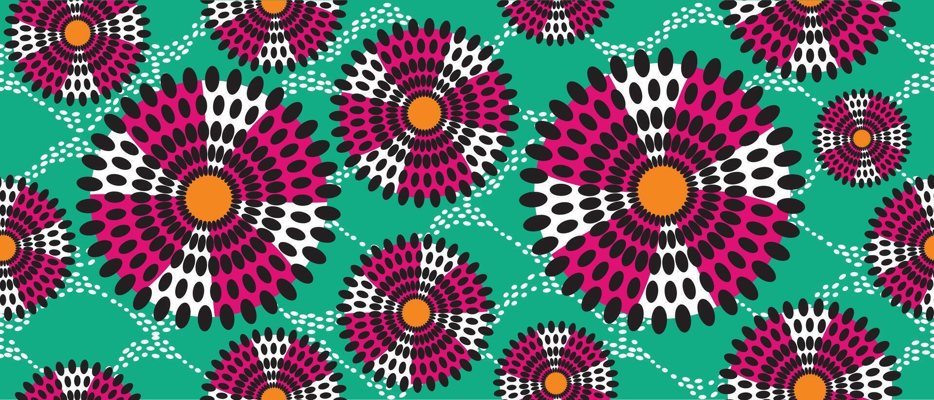African ethnic traditional green pattern. seamless beautiful Kitenge, chitenge style. fashion design in colorful. Geometric circle abstract motif. Floral Ankara prints, African wax prints. vector