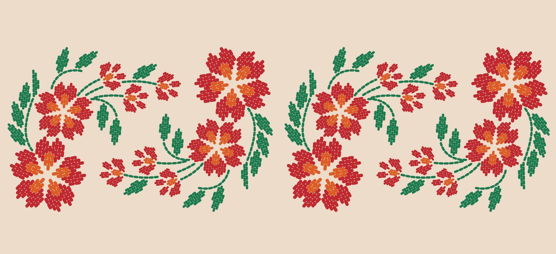 Motif ethnic border beautiful art. Ethnic red floral background art. folk embroidery Mexican, Indian, Asia, Moroccan, Turkey Uzbek style. Embroidery pattern design hem skirt. vector