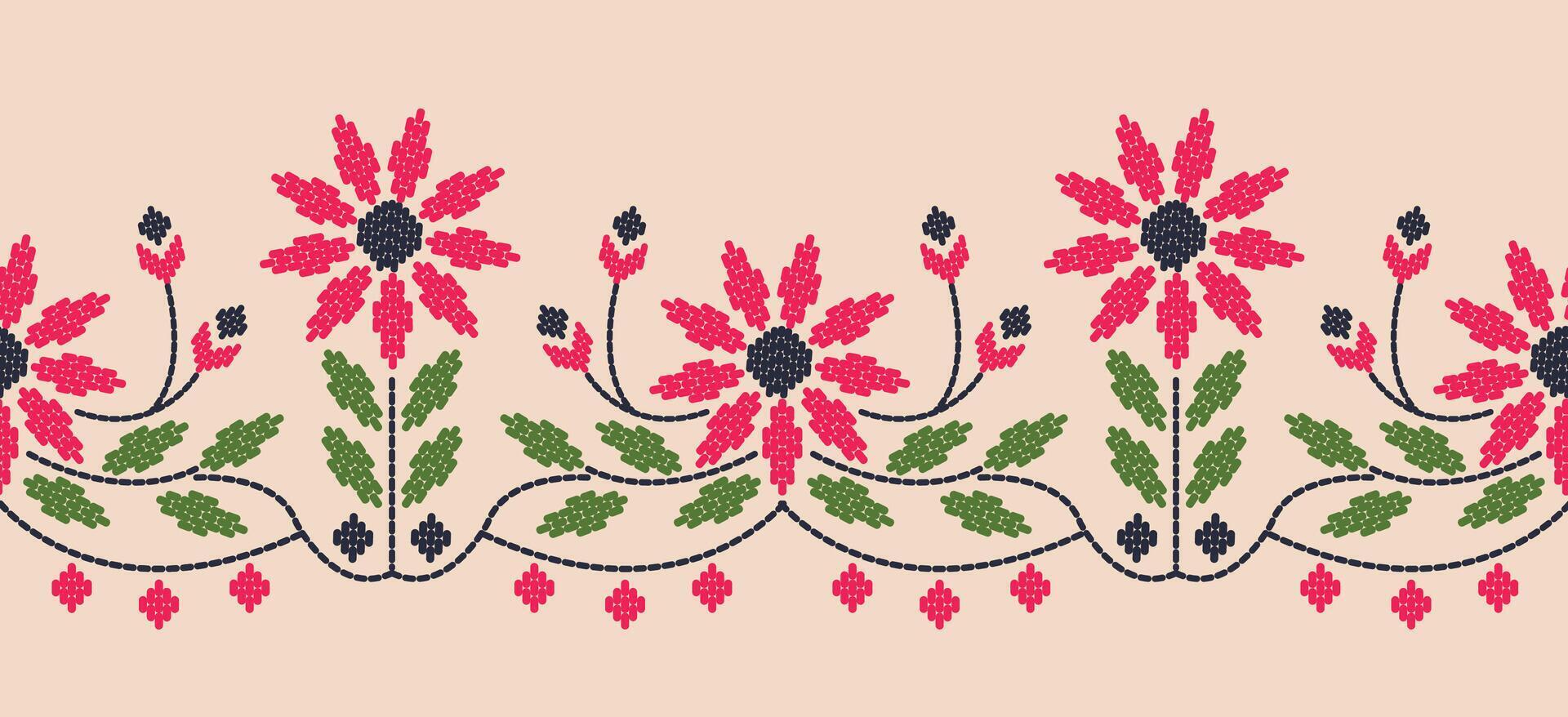 Motif ethnic border beautiful art. Ethnic pink floral background art. folk embroidery Mexican, Indian, Asia, Moroccan, Turkey Uzbek style. Embroidery pattern design hem skirt. vector