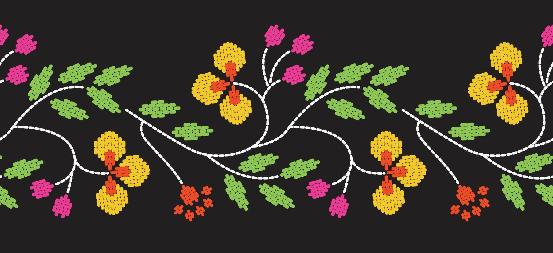 Motif ethnic border beautiful art. Ethnic leaf yellow floral background art. folk embroidery Peruvian, Moroccan, Turkey Uzbek style. pattern design hem skirt. Black background vector