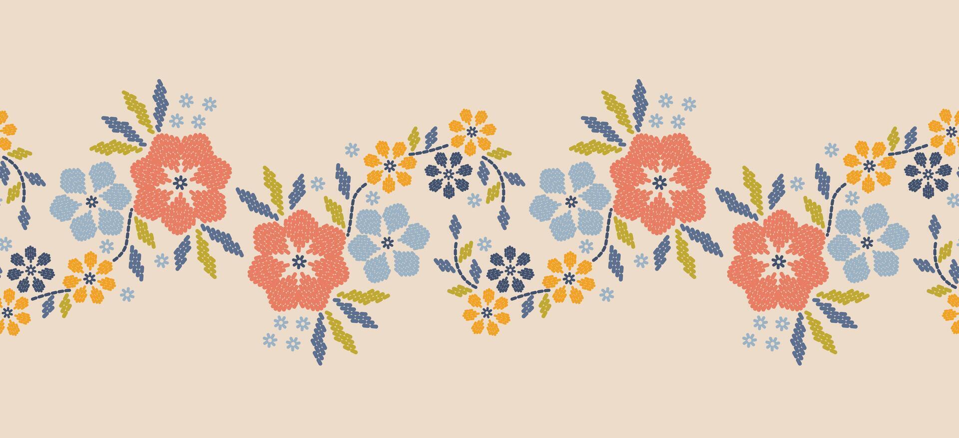 Beautiful Pattern Embroidery floral, leaves and branches pattern design, hem, skirt, adorning sleeves flower embroidery. beautiful border floral embroidery. Ethnic full color flower pattern. vector