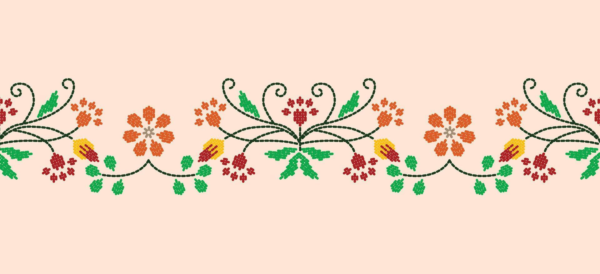 Beautiful Embroidery floral, leaves and branches, red orange flower pattern, decorate hem, skirt, adorning sleeves with flower embroidery. beautiful border flower embroidery. Ethnic flower design. vector