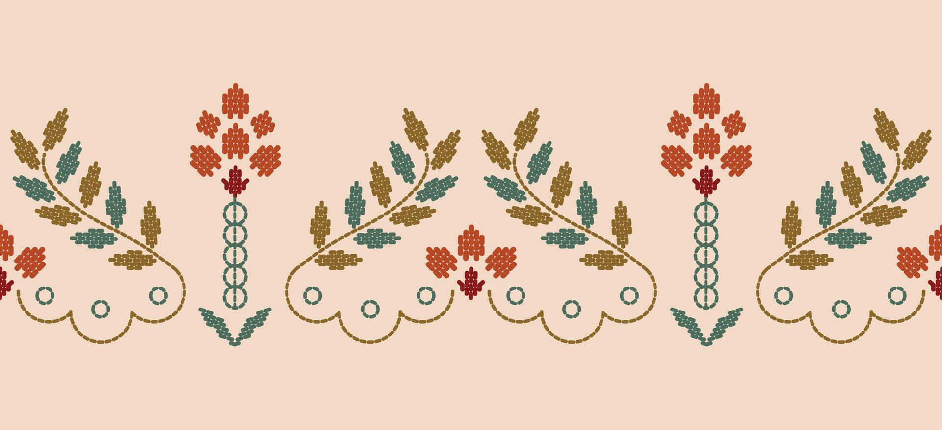 Beautiful Embroidery floral, leaves and branches, red orange flower pattern, decorate hem, skirt, adorning sleeves with flower embroidery. beautiful border flower embroidery. Ethnic flower design. vector