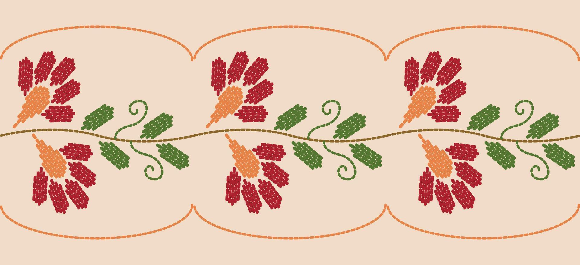 Beautiful Embroidery floral, leaves and branches, red orange flower pattern, decorate hem, skirt, adorning sleeves with flower embroidery. beautiful border flower embroidery. Ethnic flower design. vector