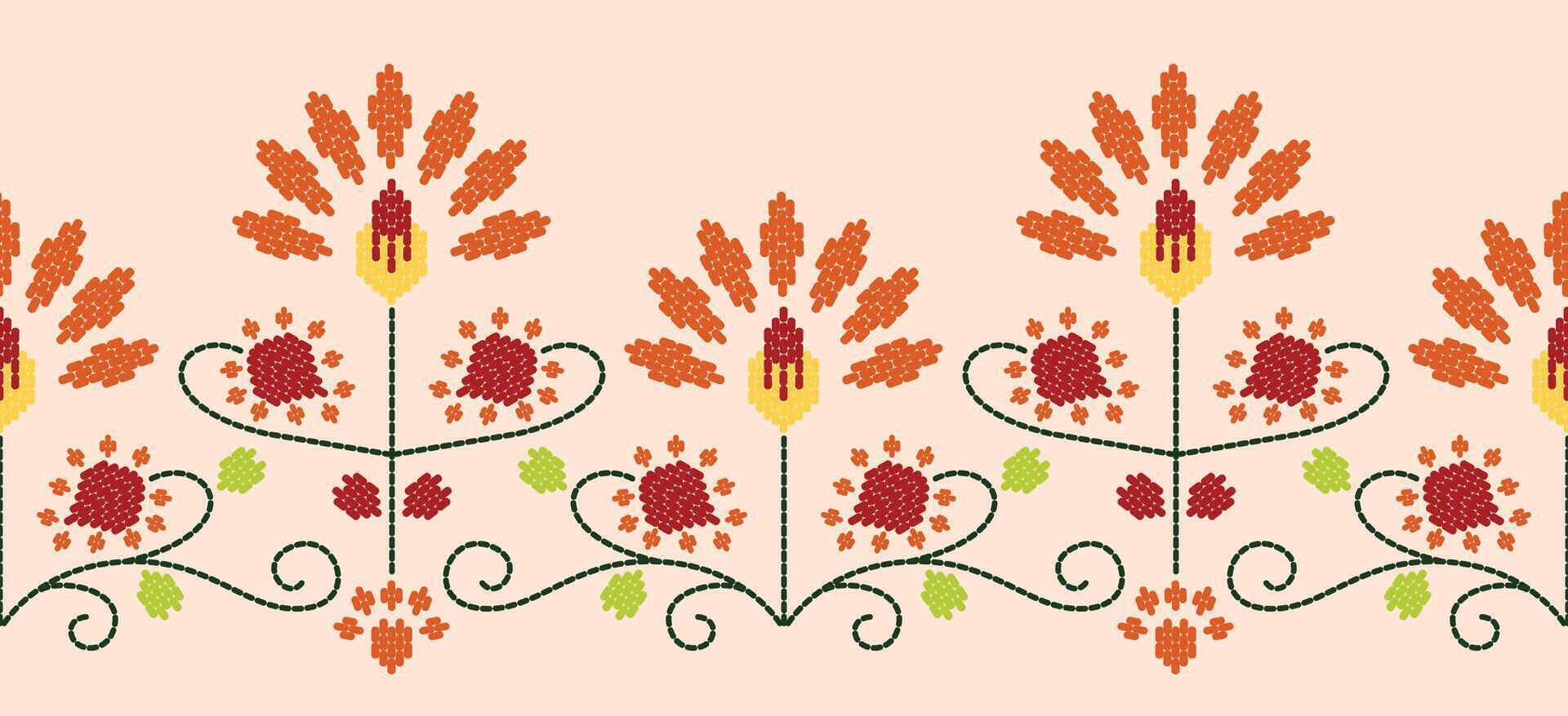 Beautiful Embroidery floral, leaves and branches, red orange flower pattern, decorate hem, skirt, adorning sleeves with flower embroidery. beautiful border flower embroidery. Ethnic flower design. vector