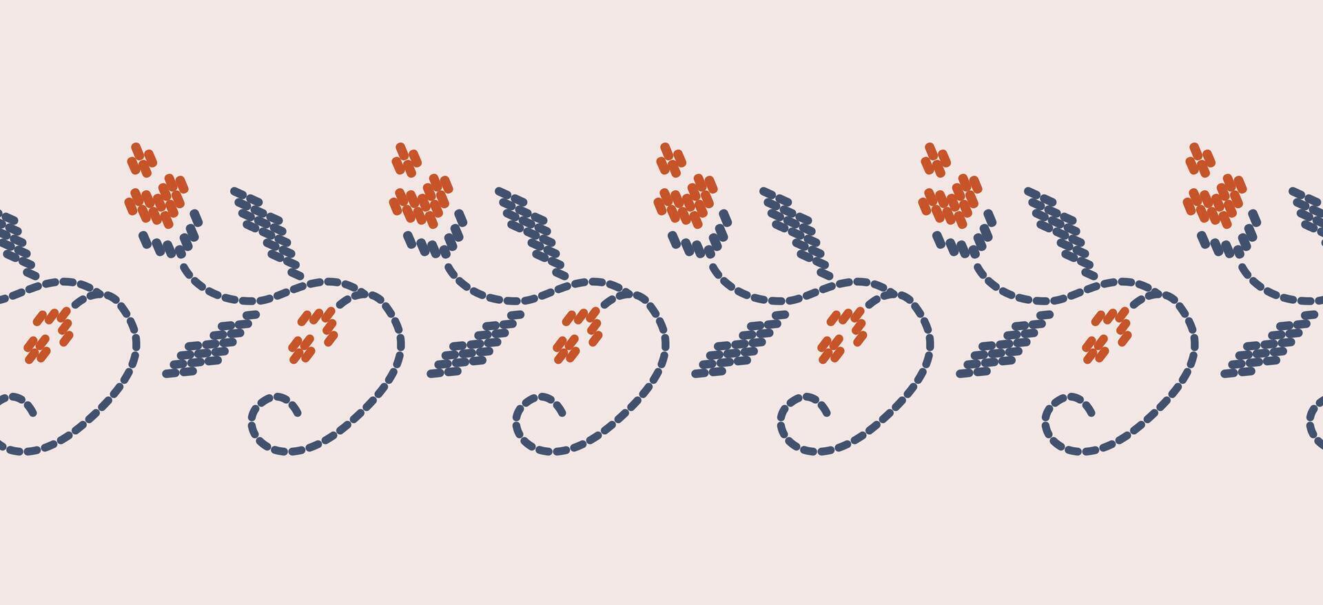 Beautiful Embroidery floral, leaves and branches, red orange flower pattern, decorate hem, skirt, adorning sleeves with flower embroidery. beautiful border flower embroidery. Ethnic flower design. vector