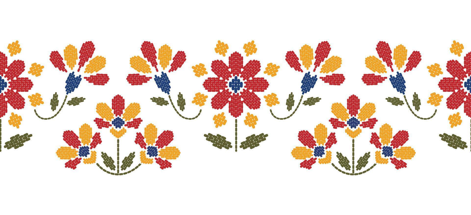 Beautiful Embroidery floral, leaves and branches, red orange flower pattern, decorate hem, skirt, adorning sleeves with flower embroidery. beautiful border flower embroidery. Ethnic flower design. vector