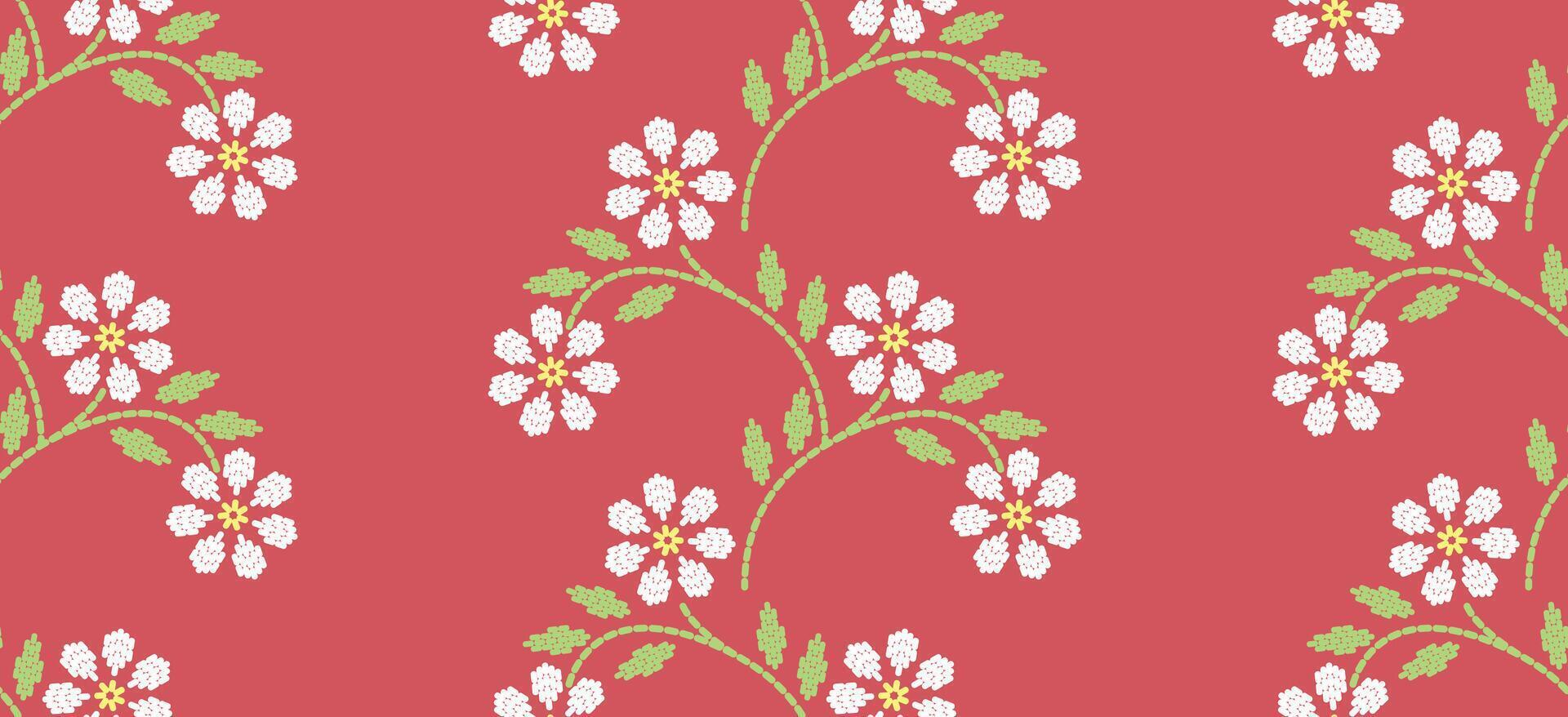 Beautiful Embroidery floral, leaves and branches, embellishing the neckline, decorate hem, skirt, adorning sleeves pink flower embroidery. beautiful border floral embroidery. Ethnic flower design. vector