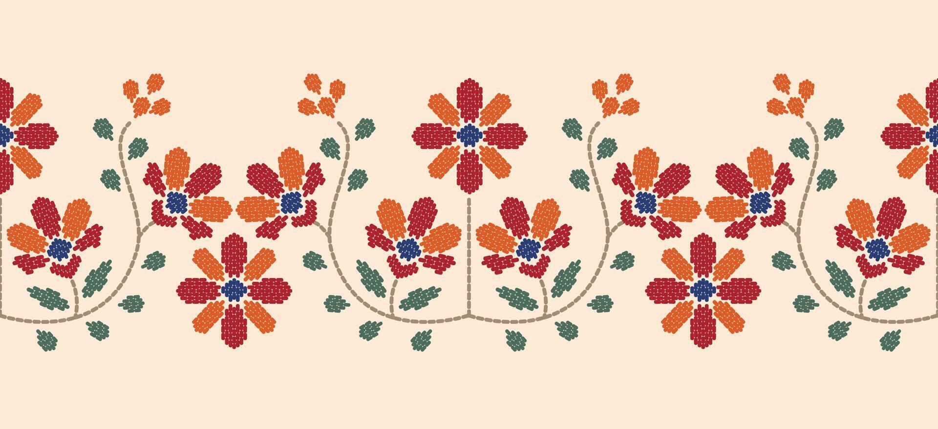 Beautiful Embroidery floral, leaves and branches, red orange flower pattern, decorate hem, skirt, adorning sleeves with flower embroidery. beautiful border flower embroidery. Ethnic flower design. vector