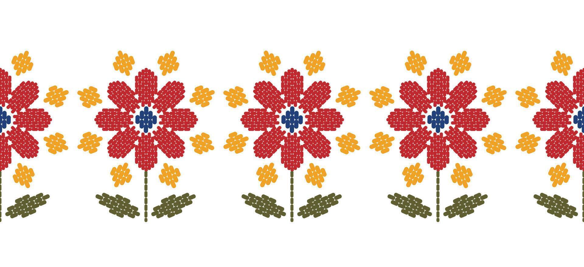 Beautiful Embroidery floral, leaves and branches, red orange flower pattern, decorate hem, skirt, adorning sleeves with flower embroidery. beautiful border flower embroidery. Ethnic flower design. vector