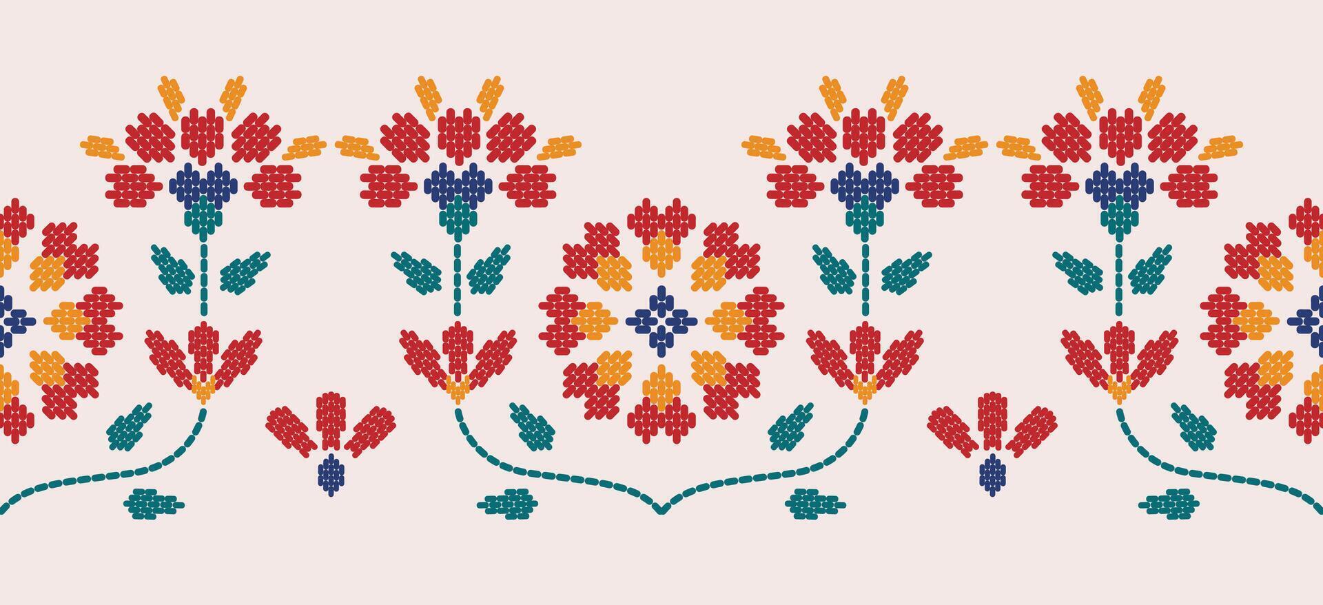 Beautiful Embroidery floral, leaves and branches, red orange flower pattern, decorate hem, skirt, adorning sleeves with flower embroidery. beautiful border flower embroidery. Ethnic flower design. vector