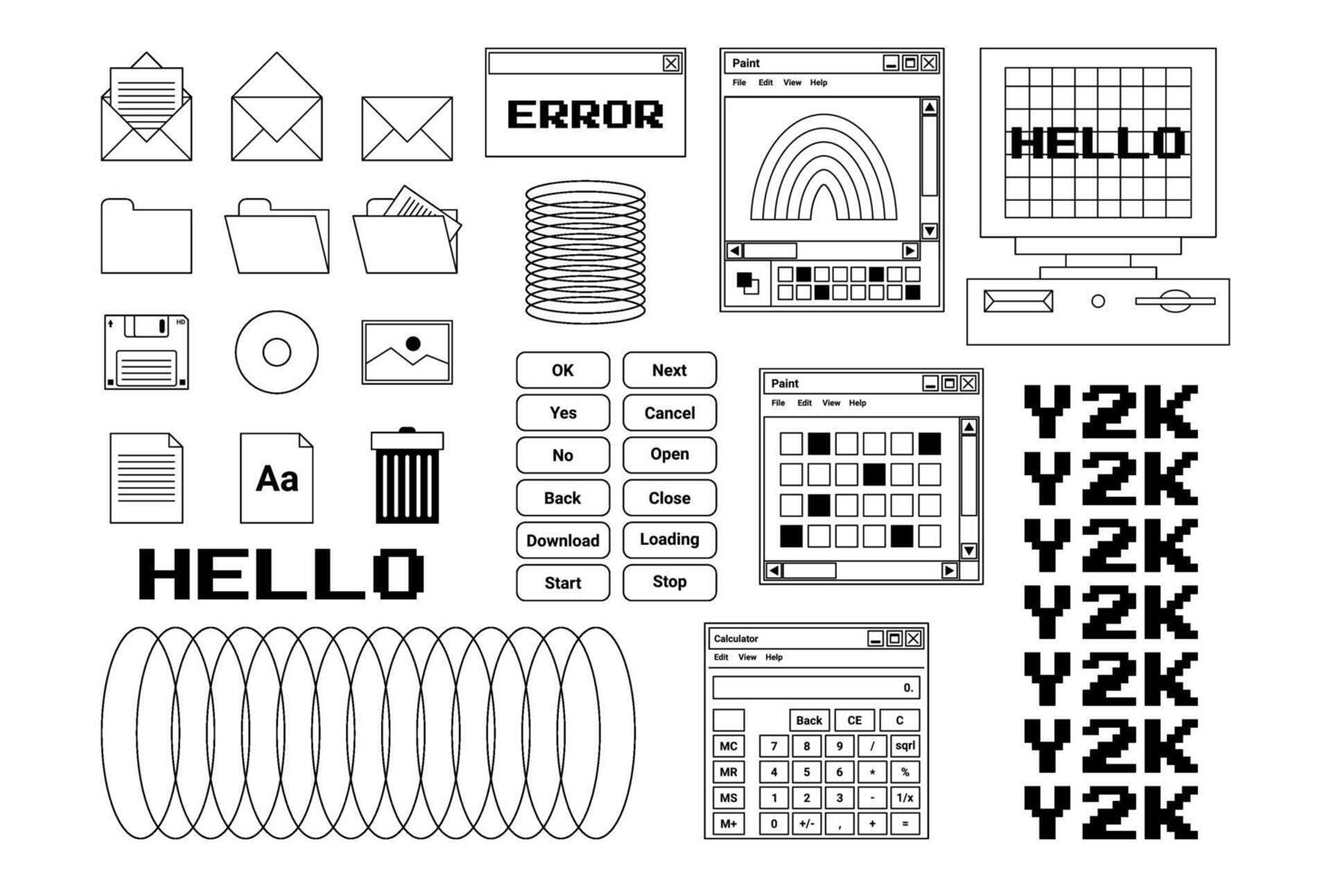 Retrofuturistic Y2k interface stickers element with inscriptions. Art lettering, graphic design icons for merch, apparel, streetwear. Black, white colors. illustration. vector