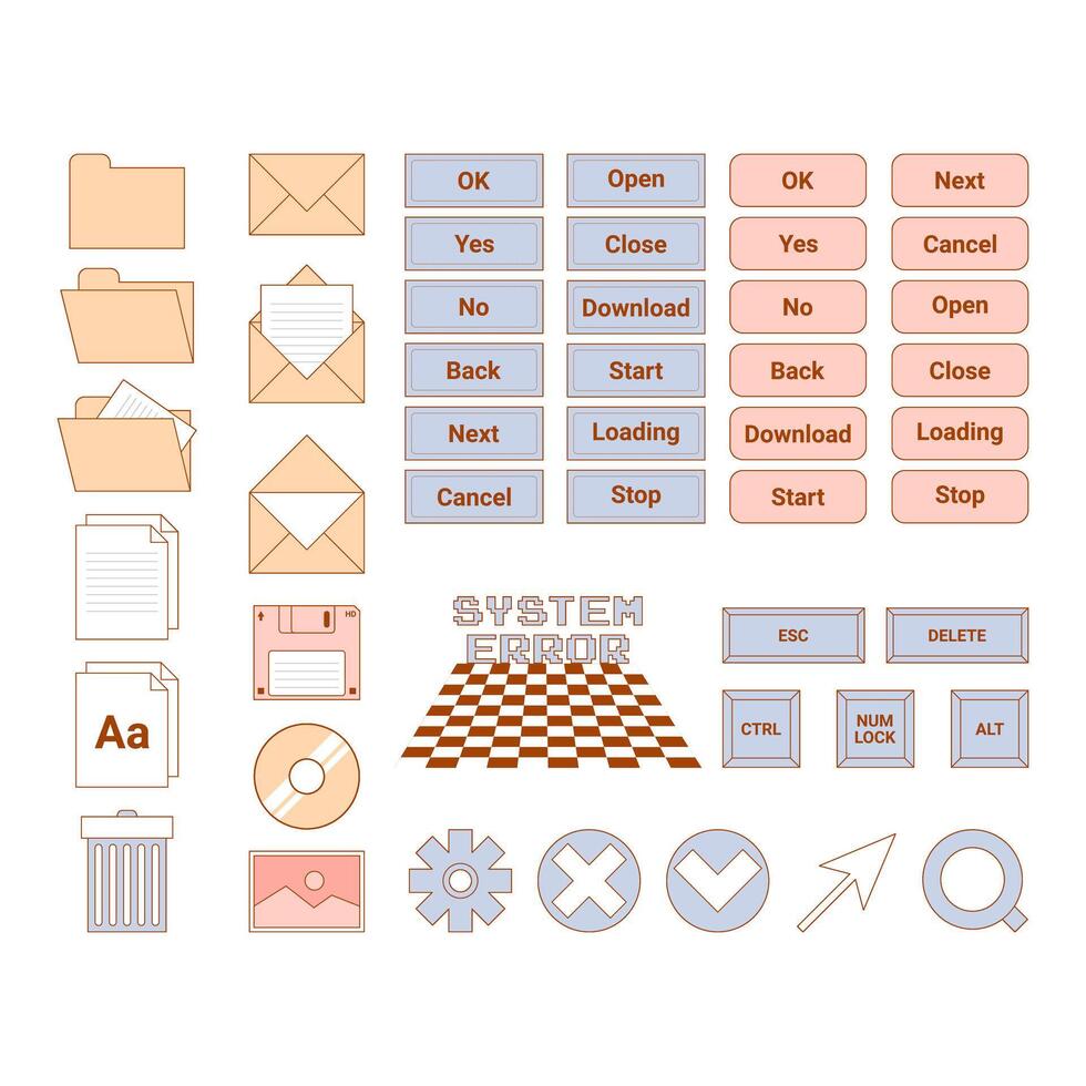 Y2k interface and typeface stickers element. Art lettering, graphic design icons for merch, typography, streetwear. illustration. vector