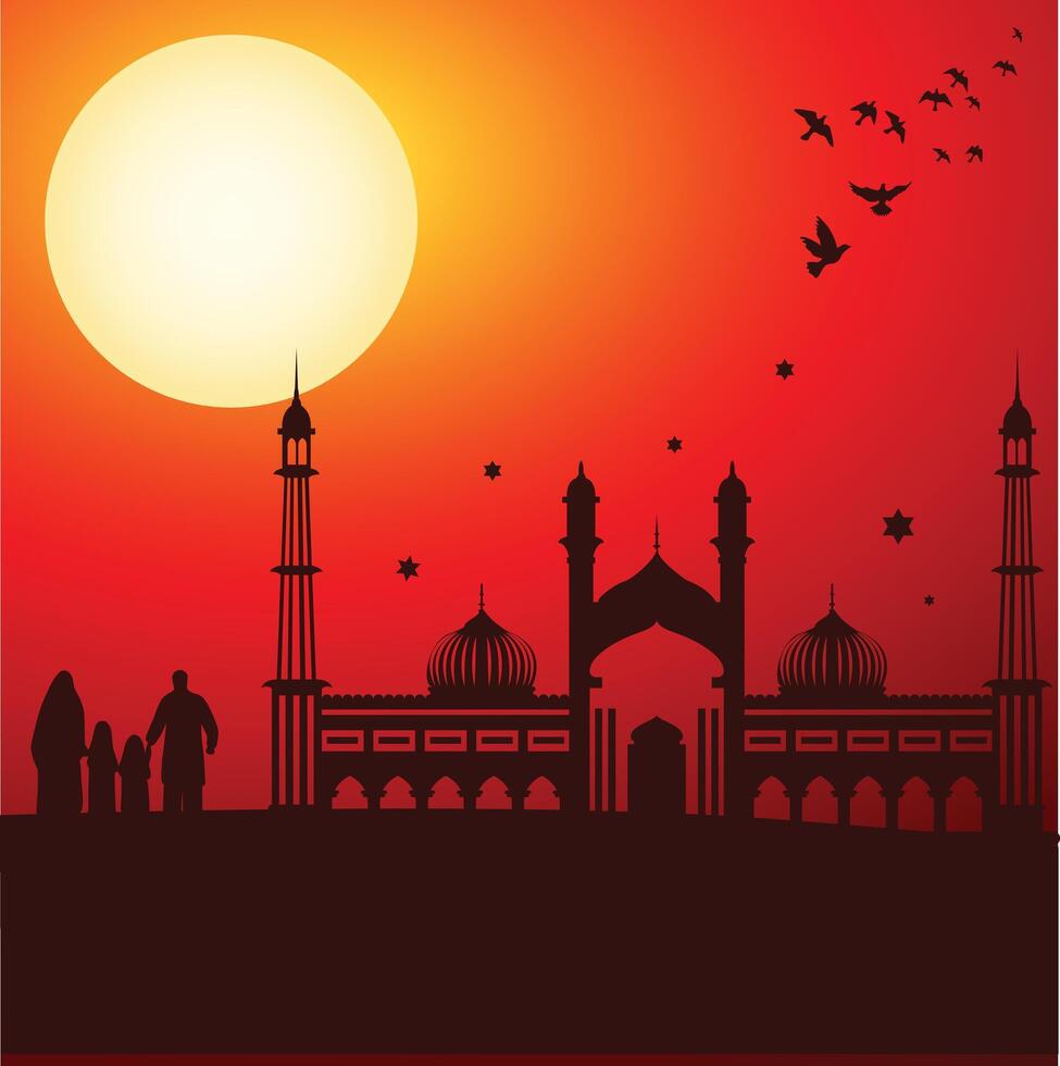 Eid al-Fitr illustration with family praying for Ramzan vector