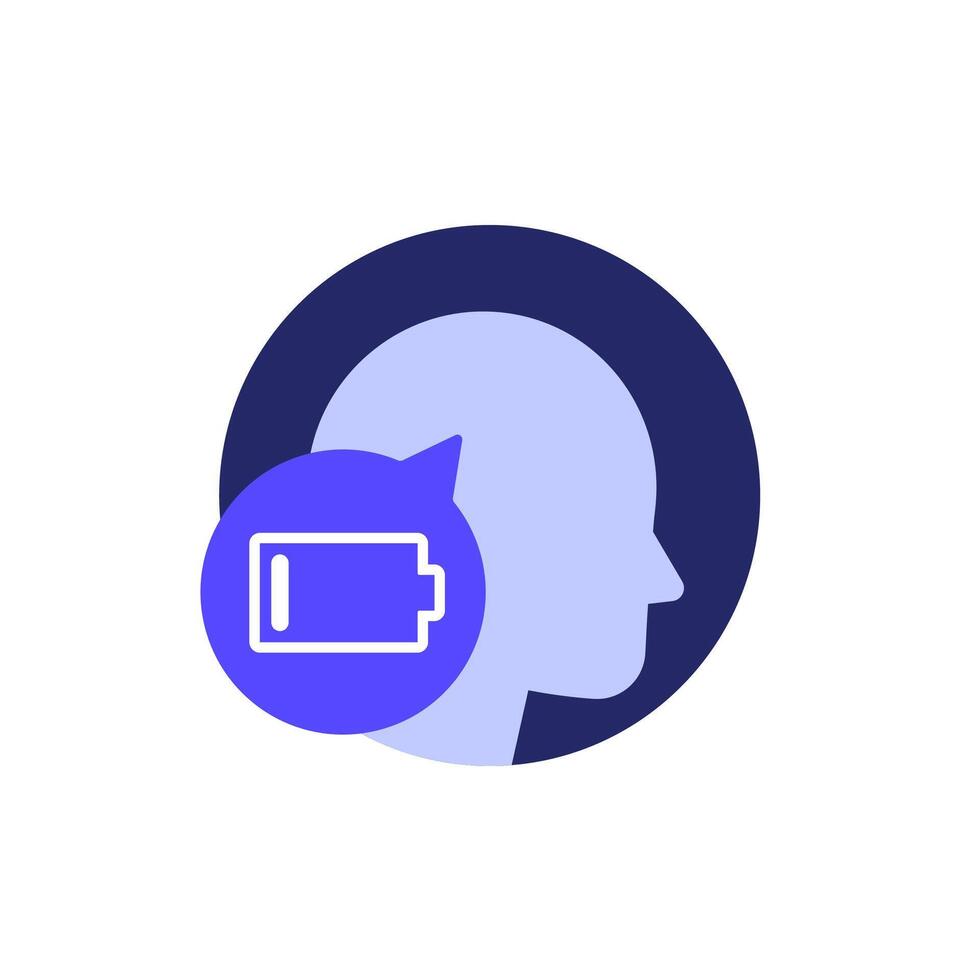 burnout or fatigue icon with head and battery, vector