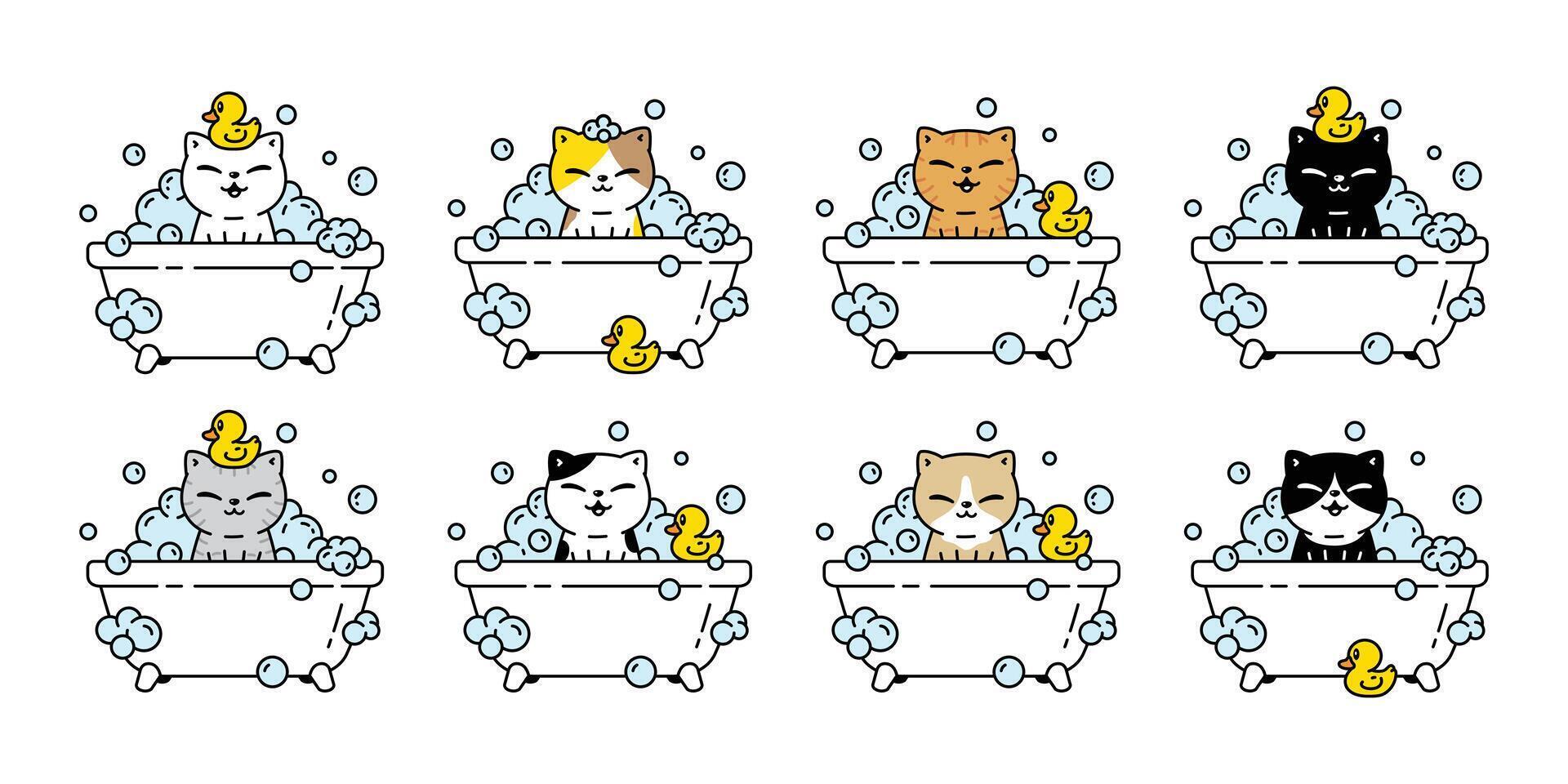 cat kitten icon shower bath calico duck rubber shampoo soap pet puppy cartoon character symbol illustration doodle design clip art vector
