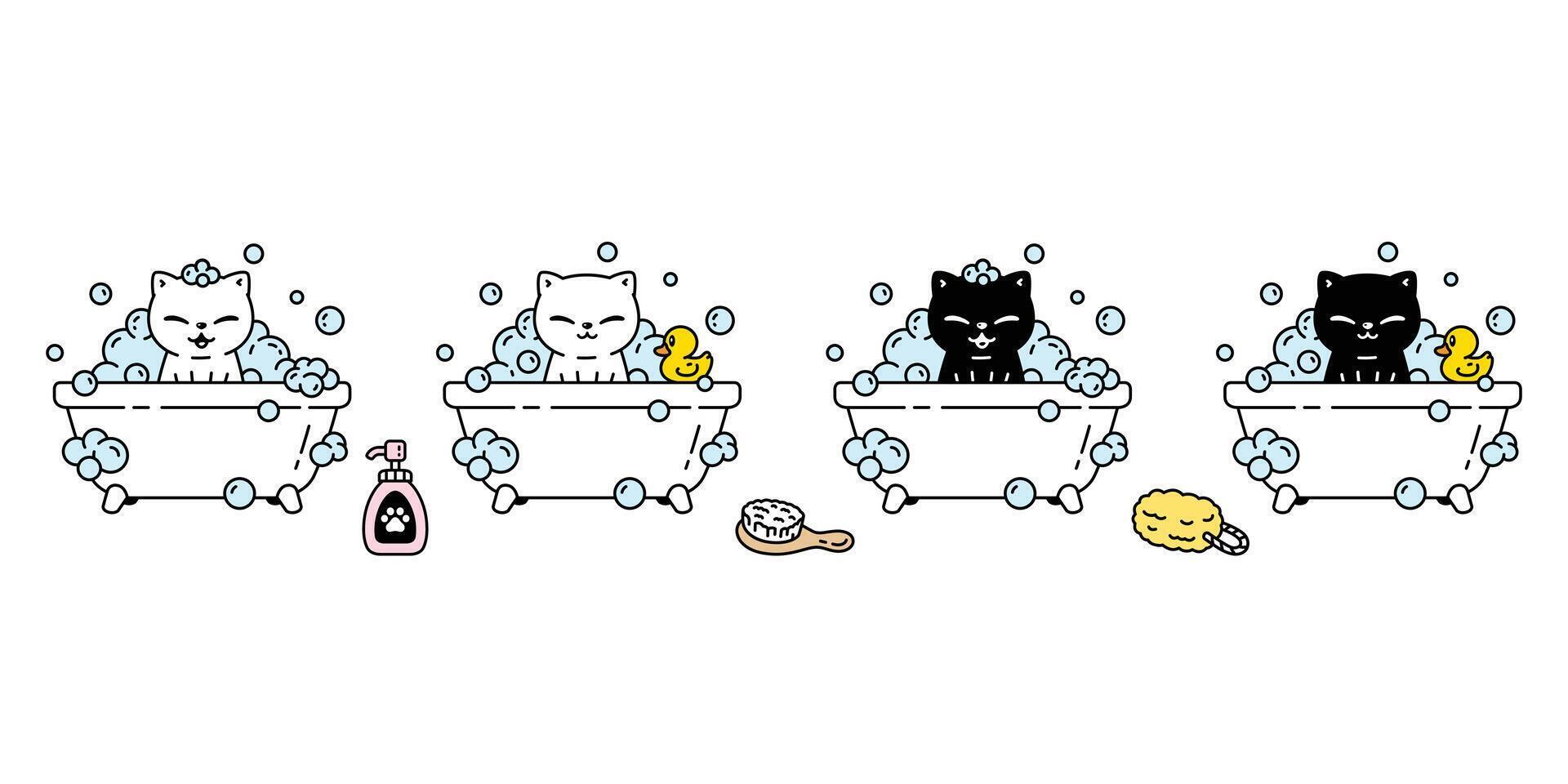 cat kitten icon shower bath calico rubber duck soap shampoo pet puppy cartoon character symbol illustration doodle design clip art vector