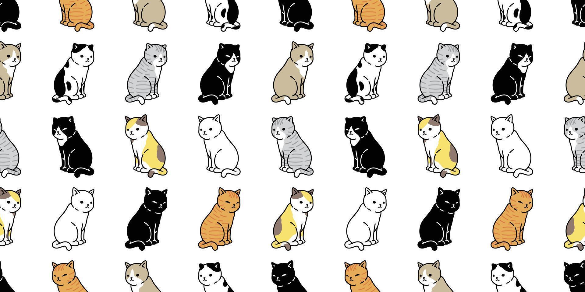cat seamless pattern calico kitten neko breed character cartoon pet tile background repeat wallpaper animal doodle illustration scarf isolated vector