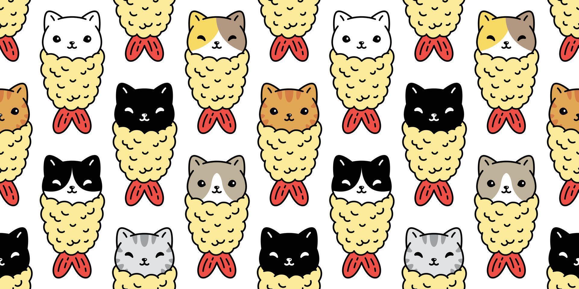 cat seamless pattern kitten tempura calico japan food shrimp breed neko cartoon character pet tile background repeat wallpaper doodle illustration design scarf isolated vector