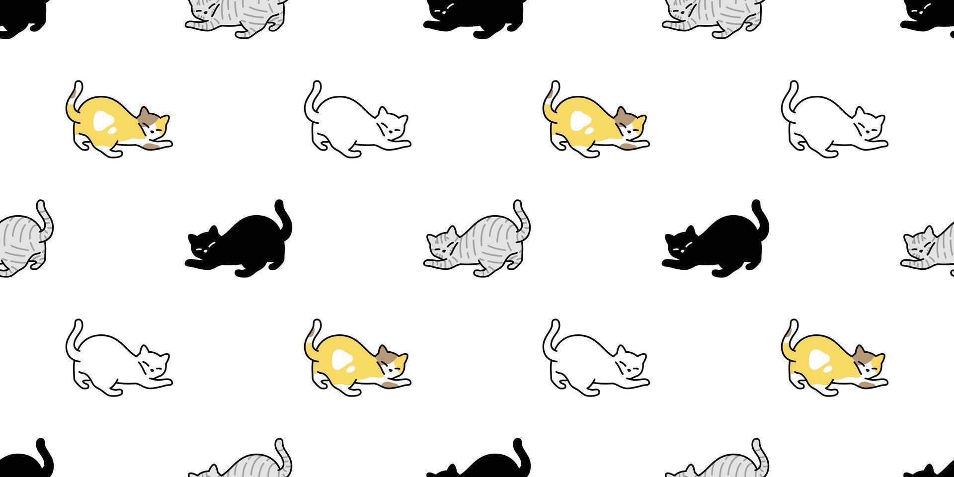 cat seamless pattern calico kitten neko breed cartoon character pet tile background repeat wallpaper animal doodle illustration design scarf isolated vector