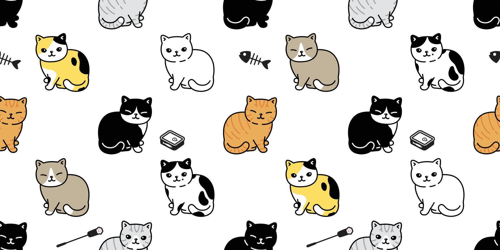 cat seamless pattern calico kitten neko toy breed character cartoon pet tile background repeat wallpaper animal doodle illustration design scarf isolated vector