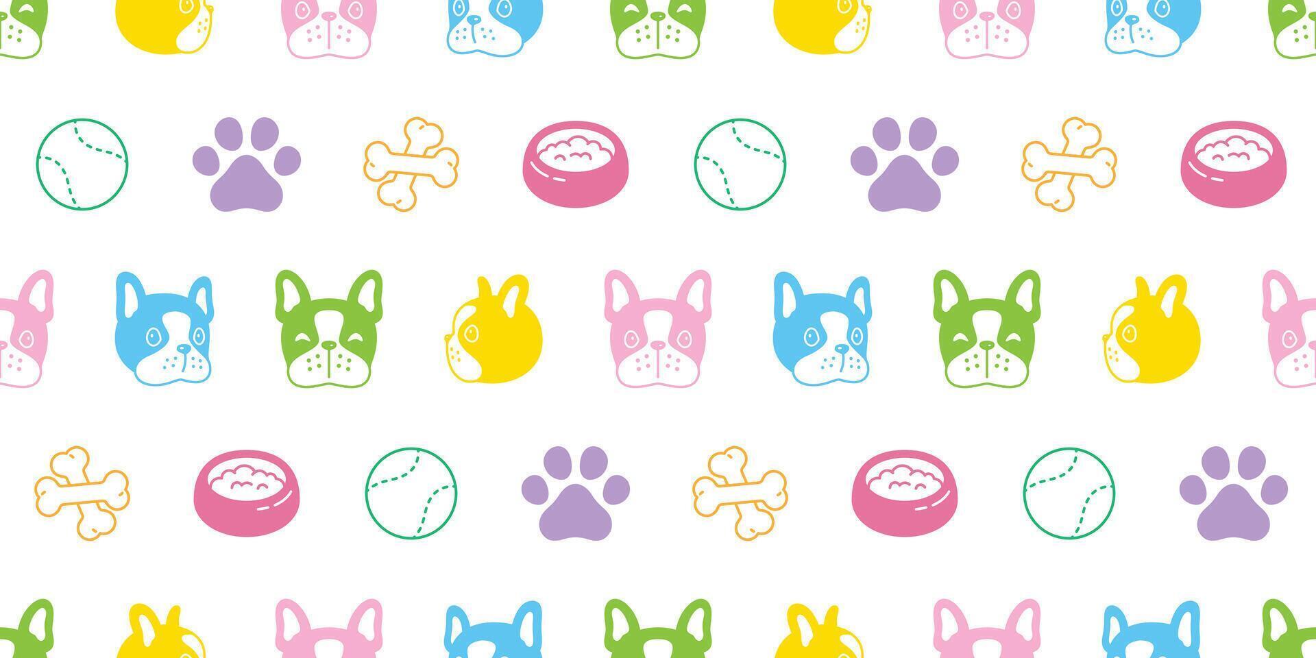 dog seamless pattern french bulldog footprint paw pet food bowl puppy breed character cartoon repeat wallpaper isolated tile background doodle illustration design clip art vector