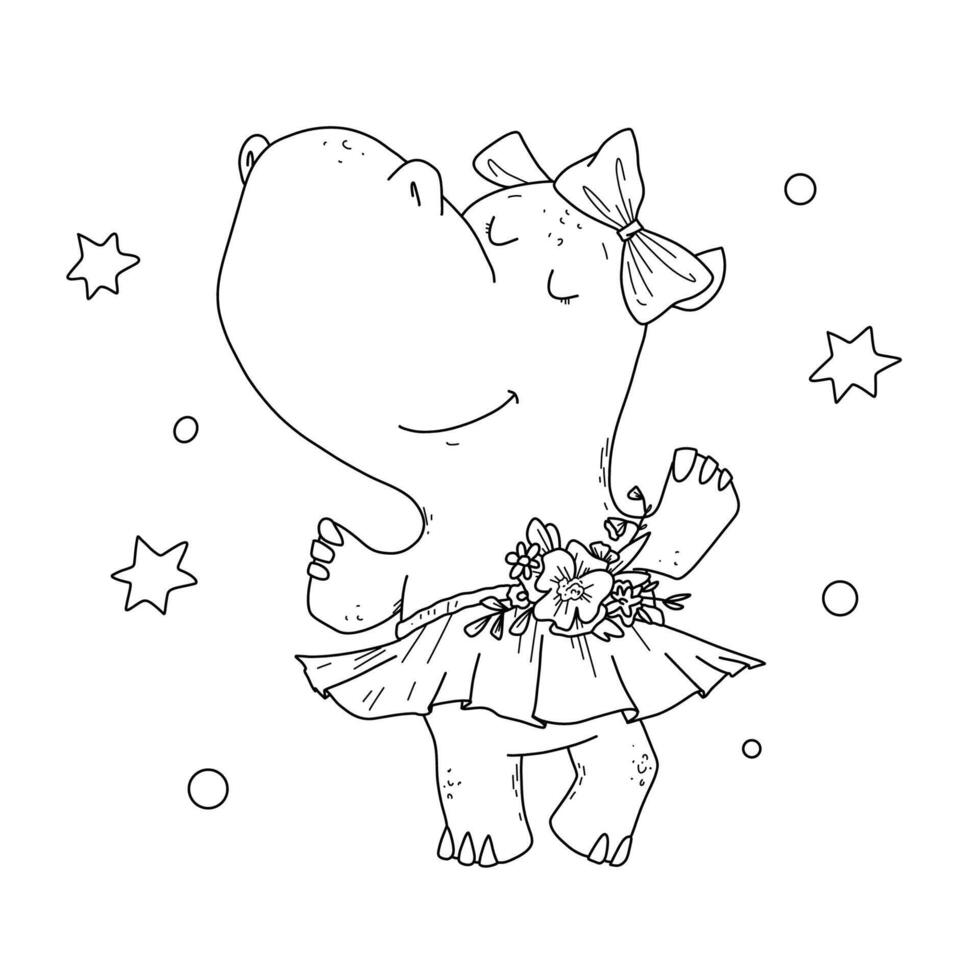 illustration of a cute hippo girl for children in the style of a doodle hand draw. vector